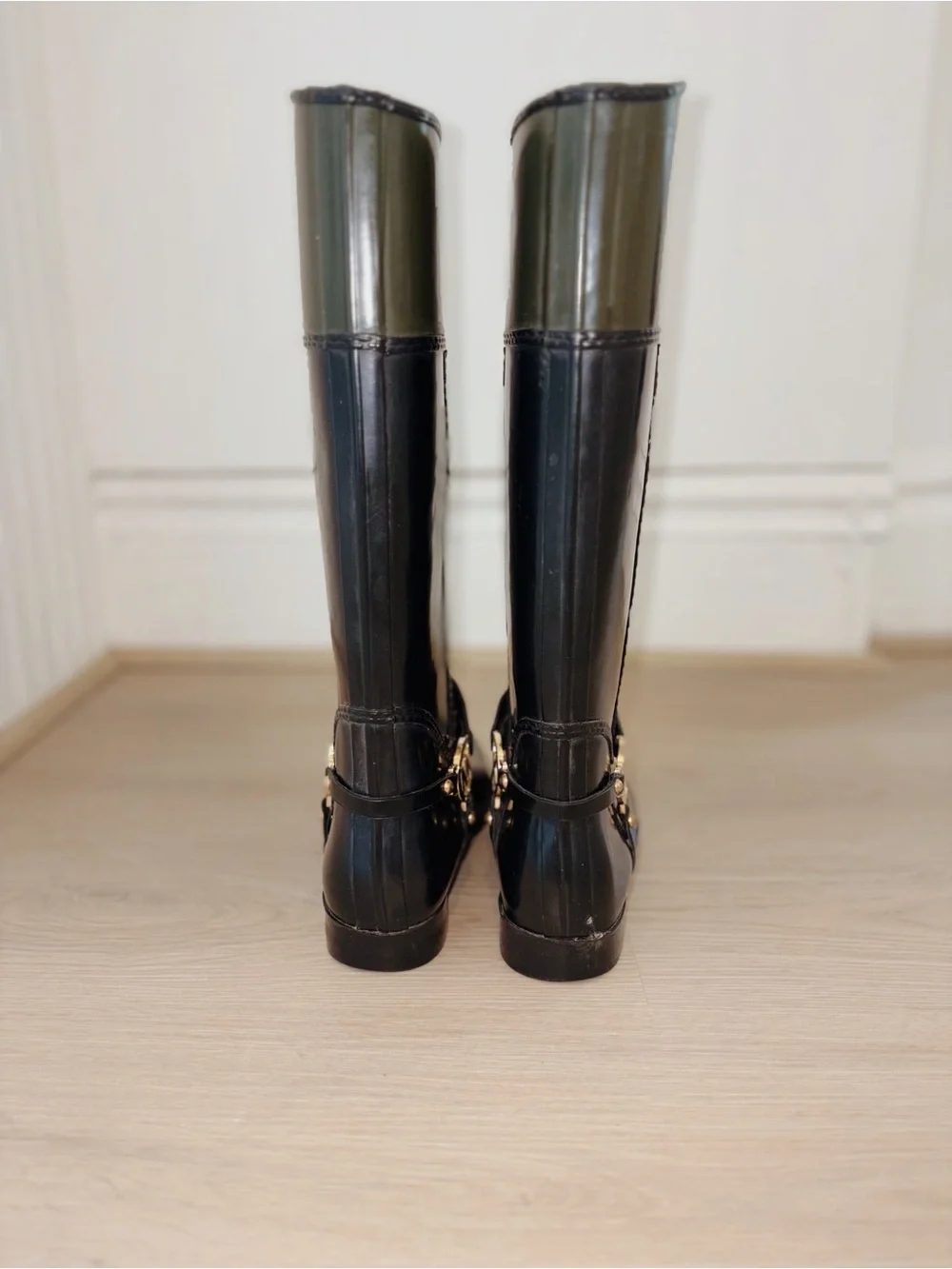 Michael Kors Fulton Harness Black Riding Boot with Olive Cuff and Gold Hardware